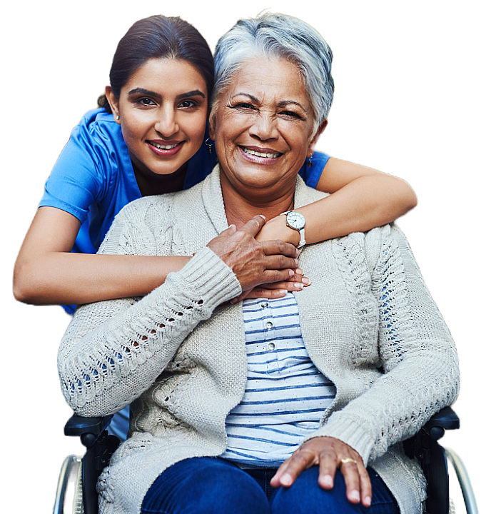 caretaker hugs behind of elderly woman